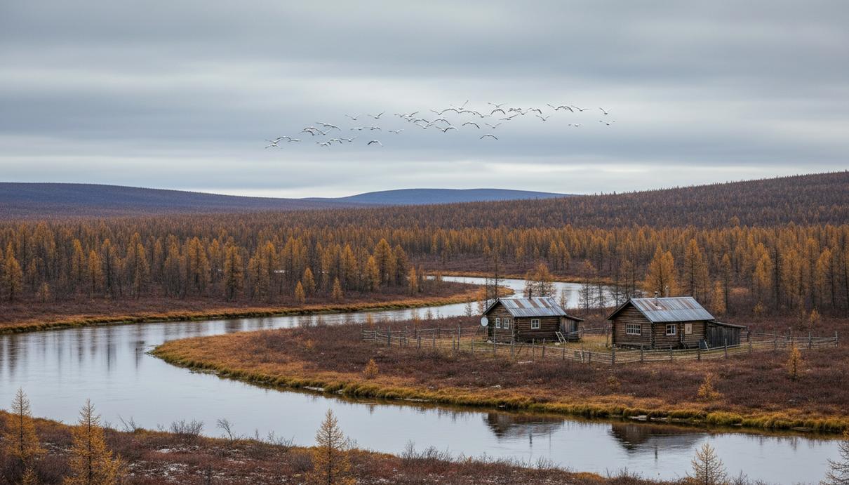 Деревянная научная станция на берегу таежной реки в Якутии, над которой пролетает стая белых журавлей.