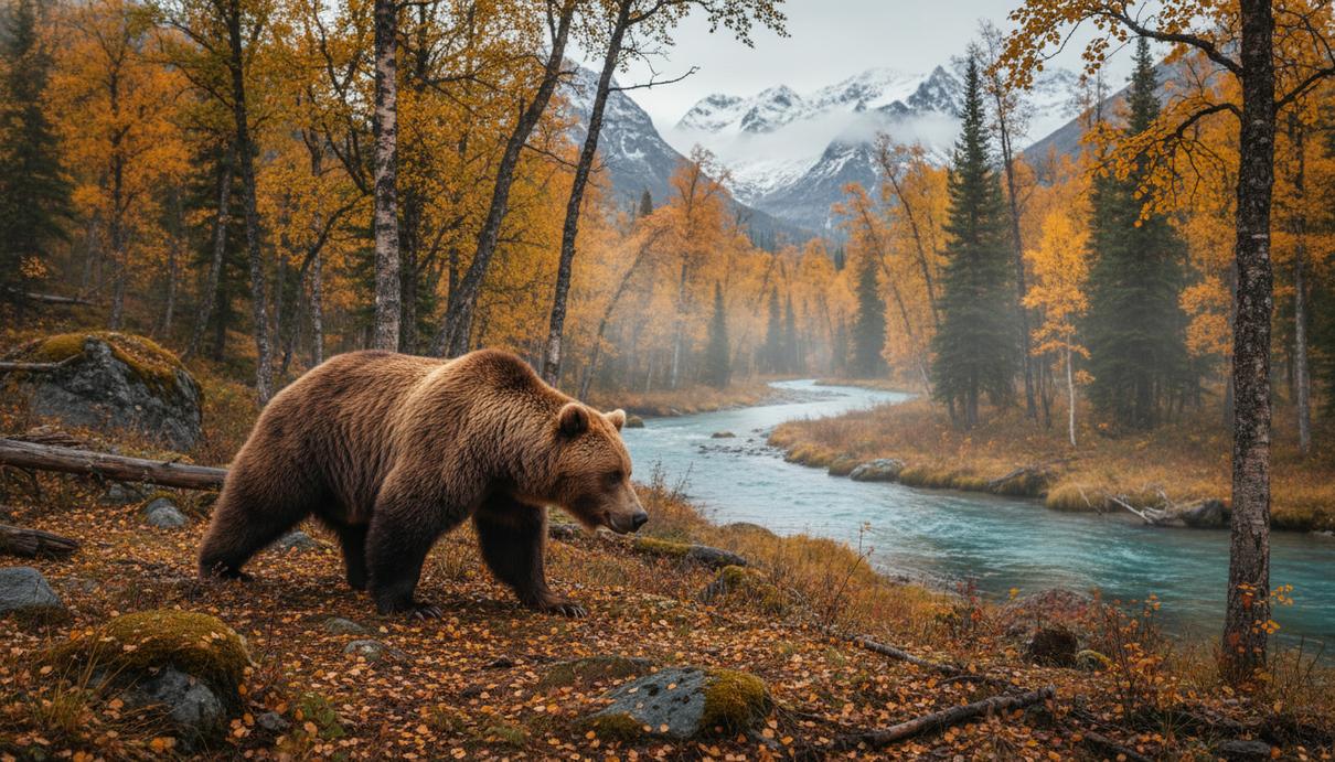 Медвежья статистика: рост популяции на Камчатке и теневая торговля шкурами Бурый медведь идет по осеннему лесу вдоль берега реки на Камчатке среди густой растительности.