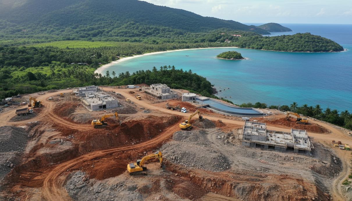 Строительная площадка туристического комплекса с экскаваторами и нарушенным грунтом на зеленом морском побережье.