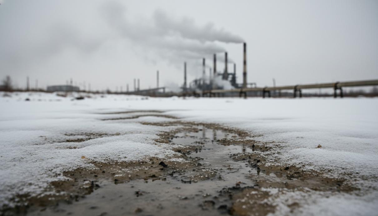 Грязный снег на фоне промышленных труб и серого пасмурного неба