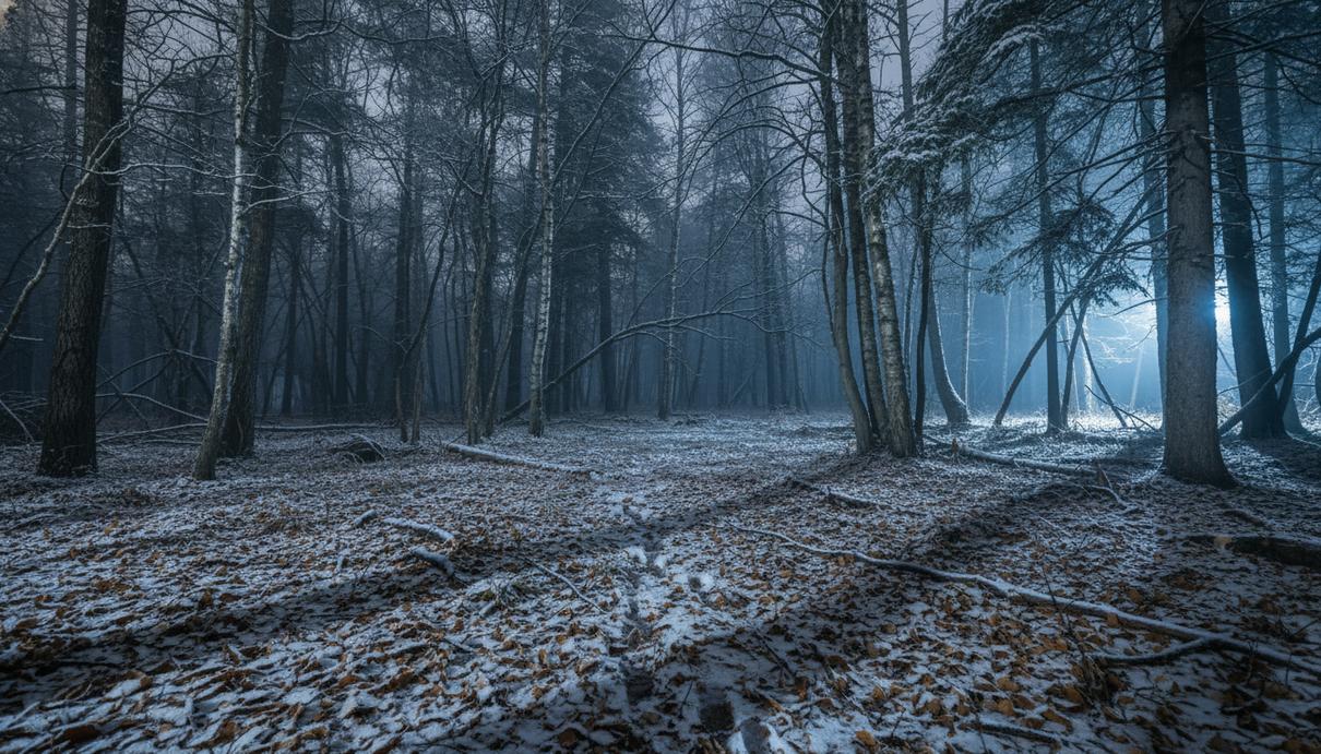 Ночной густой лес на Дальнем Востоке. На земле лежат опавшие листья и легкий снег, видны следы диких животных.