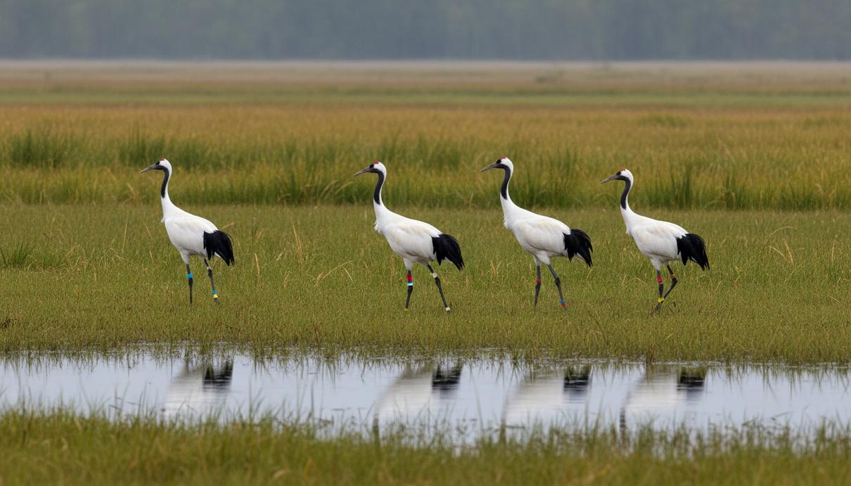 Четыре японских журавля с кольцами на лапах стоят среди высокой травы на заболоченной равнине.