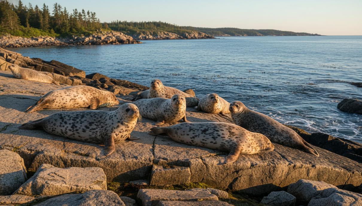 Группа пятнистых тюленей лежит на каменистом берегу моря в солнечную погоду на фоне воды.