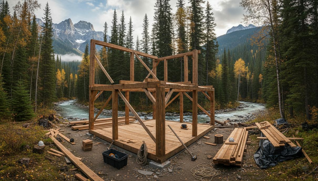 Недостроенный деревянный каркас здания и строительные материалы в диком хвойном лесу на берегу горной реки.