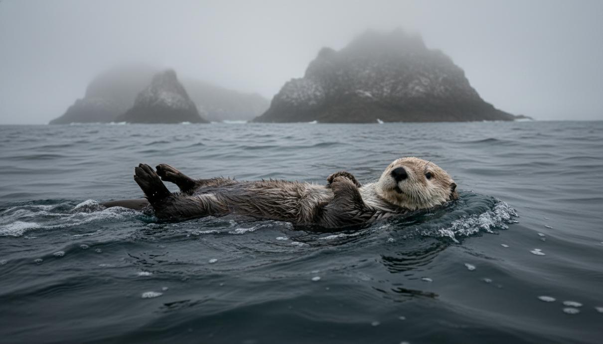 Морская выдра плывет на спине в холодной воде на фоне скалистого берега и густого тумана.