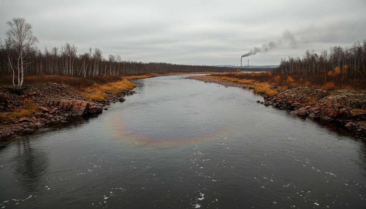 Загрязненная река с темной водой в сибирской тайге. Каменистые берега покрыты редкой осенней растительностью.