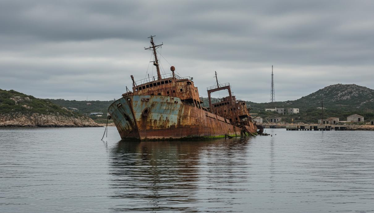 Частично затонувшее судно с ржавым корпусом в спокойной морской бухте на фоне скалистых берегов и пасмурного неба.